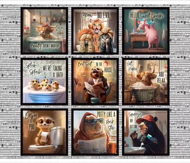 "Please Seat Yourself " Animals in Bathtubs & On Toilets Fabric Panel -36"